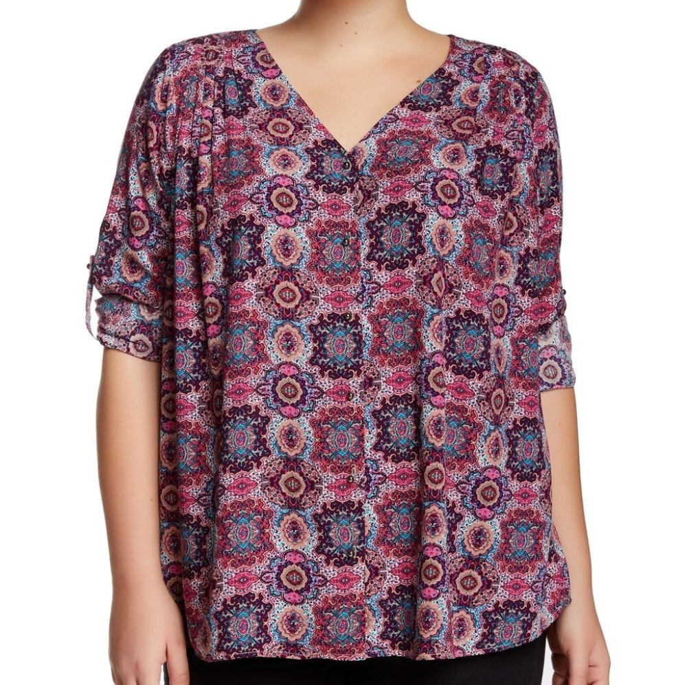 ISO! Daniel Rainn pink geometric roll sleeve top